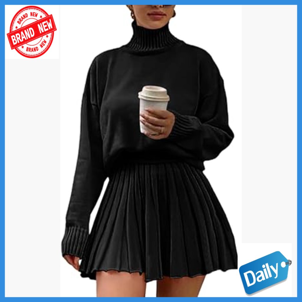Two Piece Set Turtleneck Sweater Pleated Mini Skirt Regular Fit